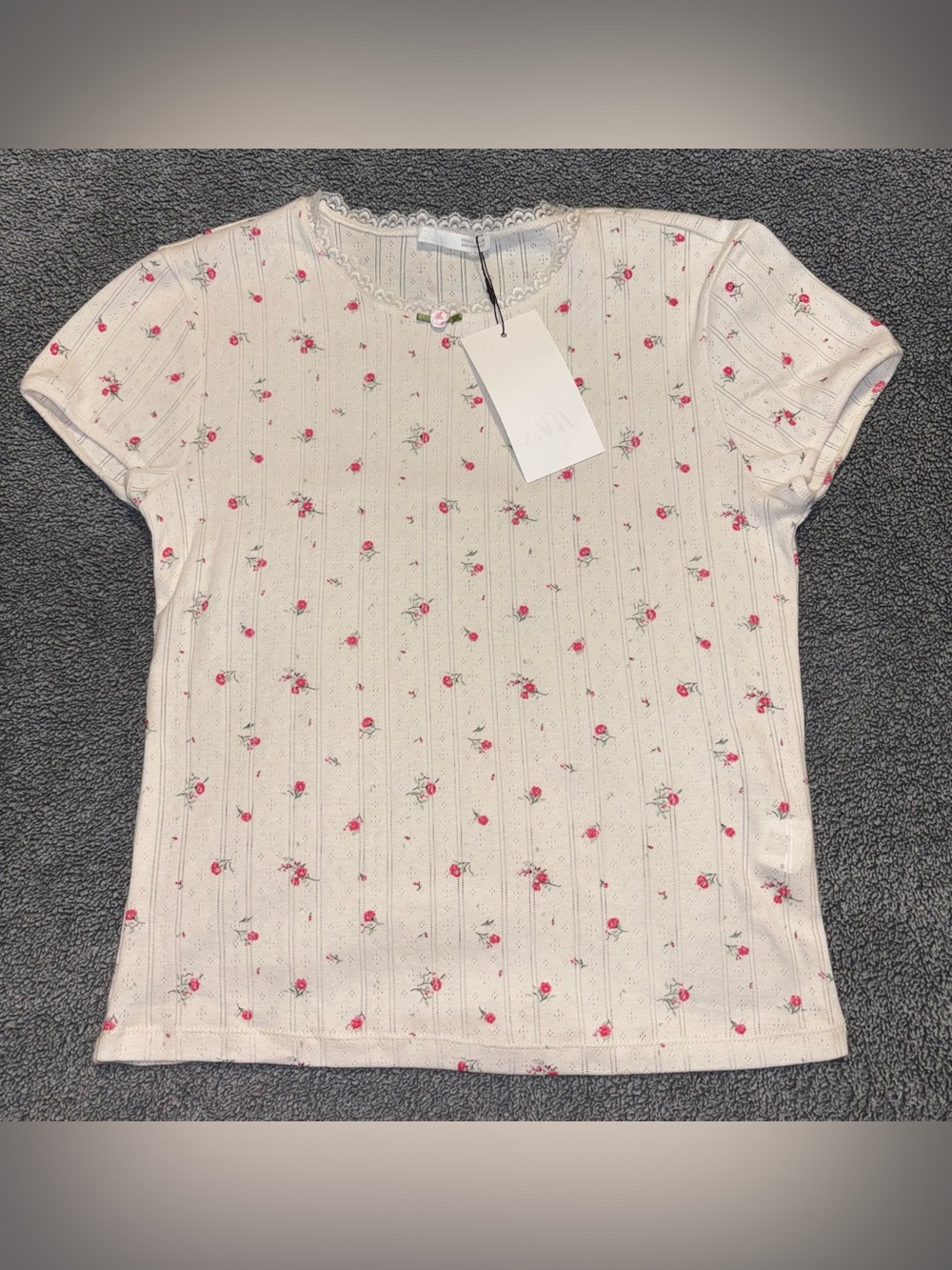 Zara Cream Short-Sleeve Tee with Pink Rose Print